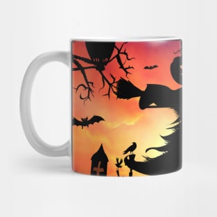 Funny halloween design with scarecrow, cat, and owl Mug